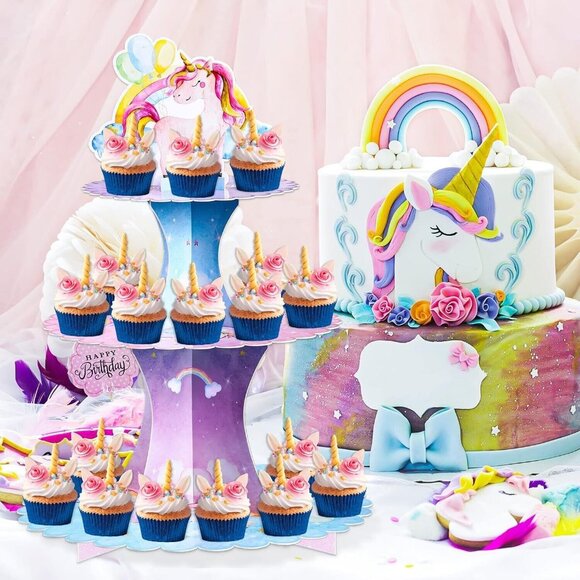 3 Tier Unicorn Cupcake Stand Watercolor Unicorn Cardboard Cupcake Holder New - Picture 2 of 8